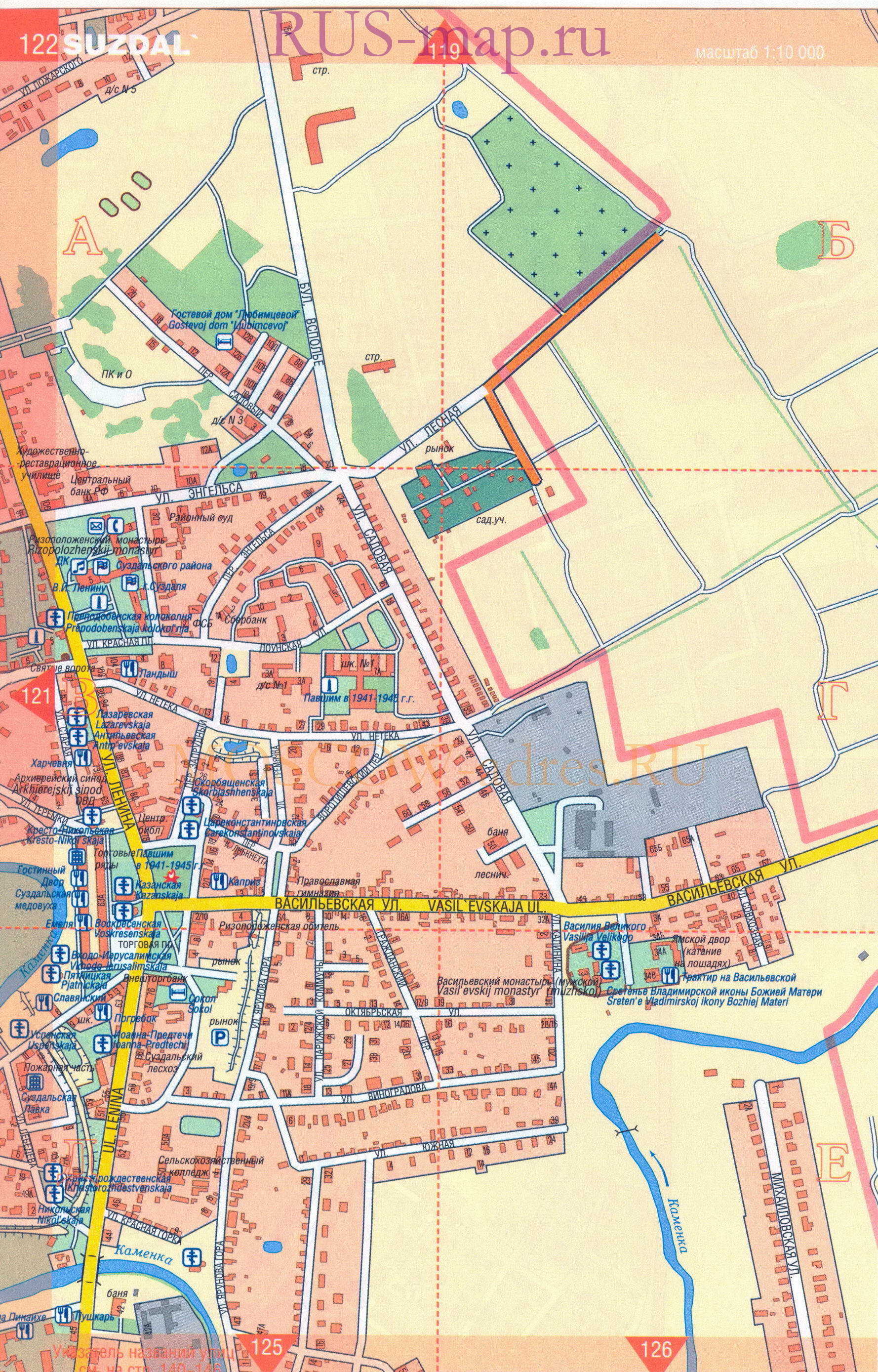Суздаль. Крупномасштабная карта города Суздаль масштаба 1см:100м, показаны все церкви, музеи, гостиницы, B1 - 