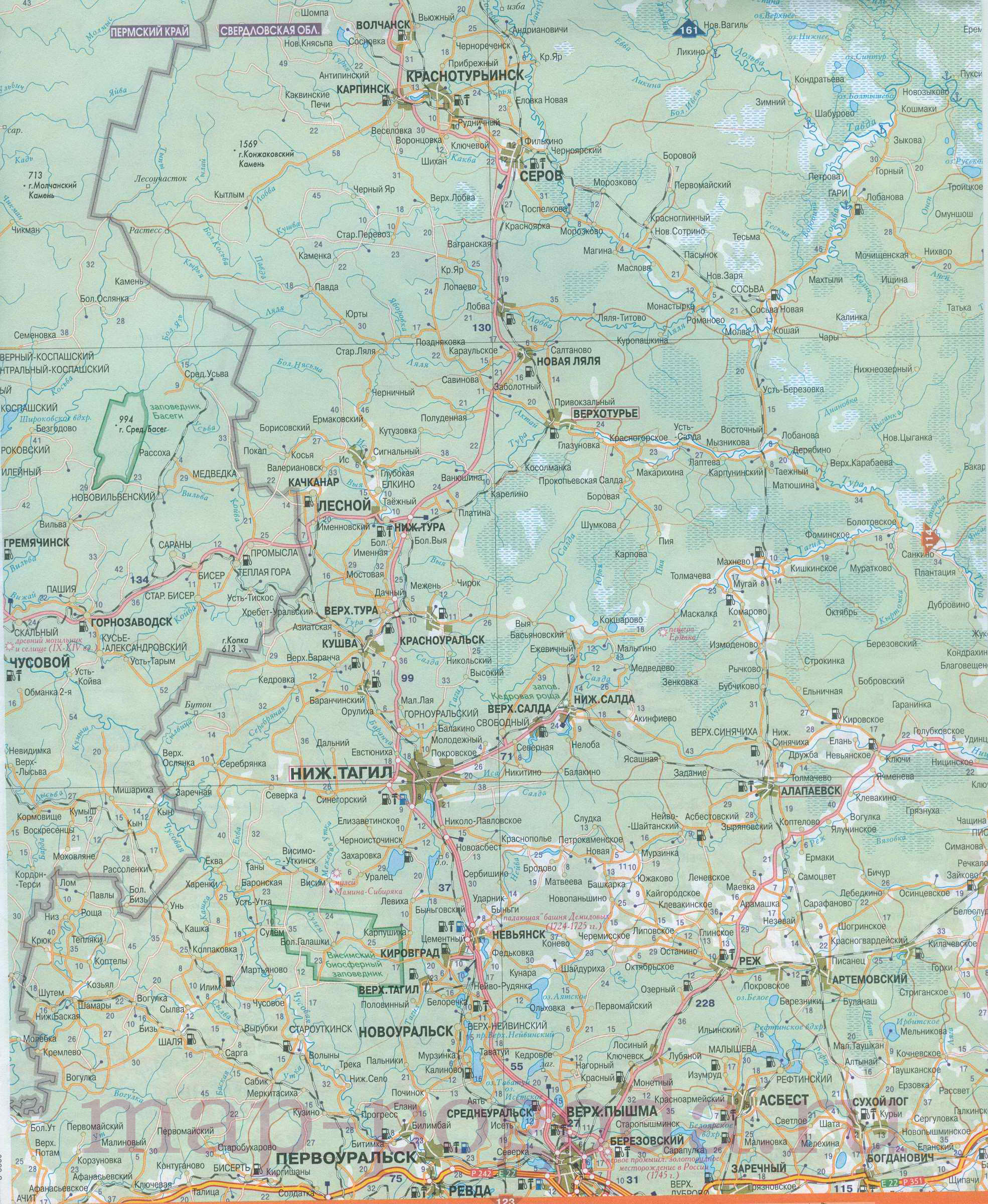Карта Свердловской области. Подробная карта автомобильных дорог - Свердловская область, A0 - 