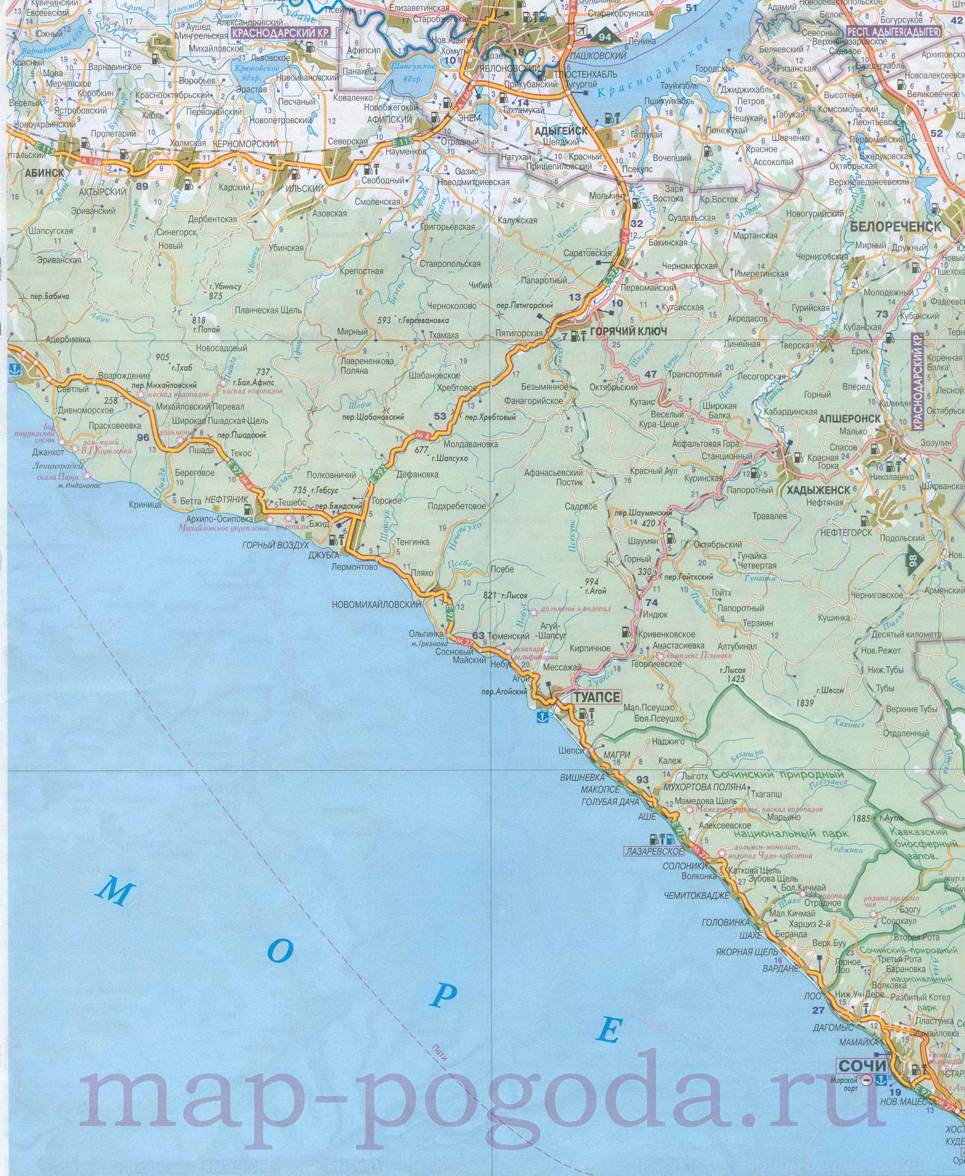 Подробная карта Черноморского побережья Краснодарского края. Автомобильная карта Краснодарского края, B0 - 