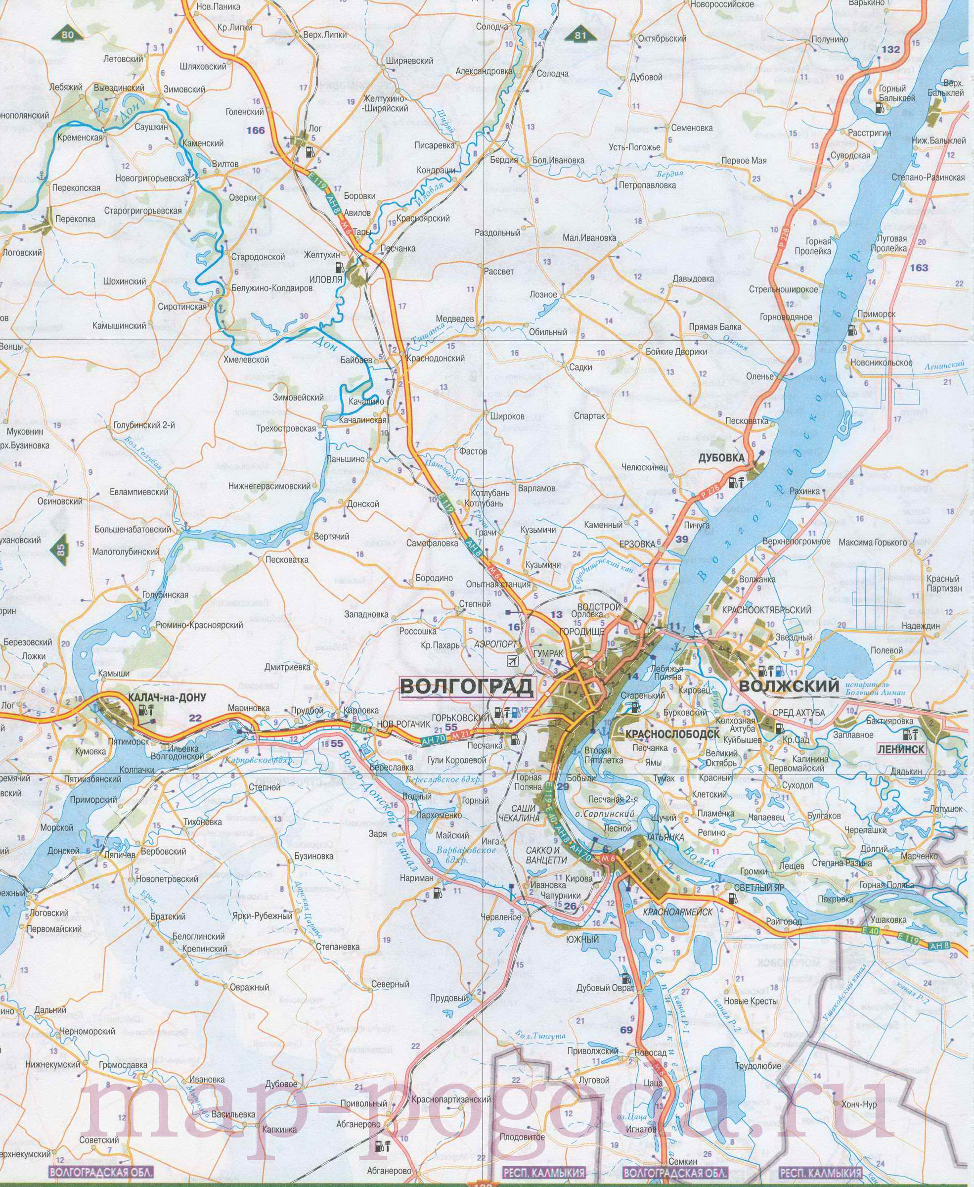 Автомобильная карта юга Волгоградской области. Подробная карта автодорог Волгоградской области, B0 - 