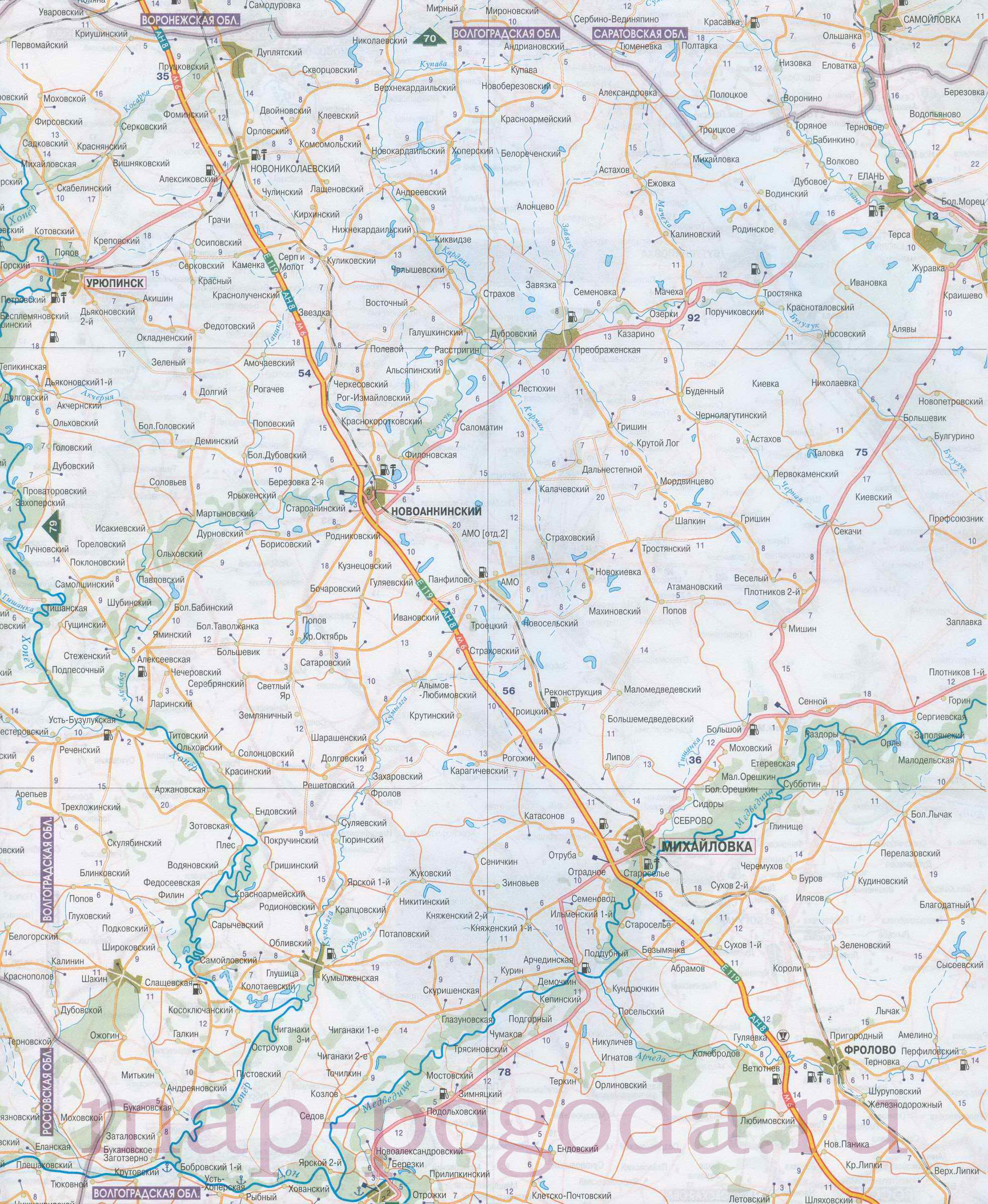 Карта Волгоградской области. Карта автомобильных дорог севера Волгоградской области масштаба 1см:7км, A0 - 