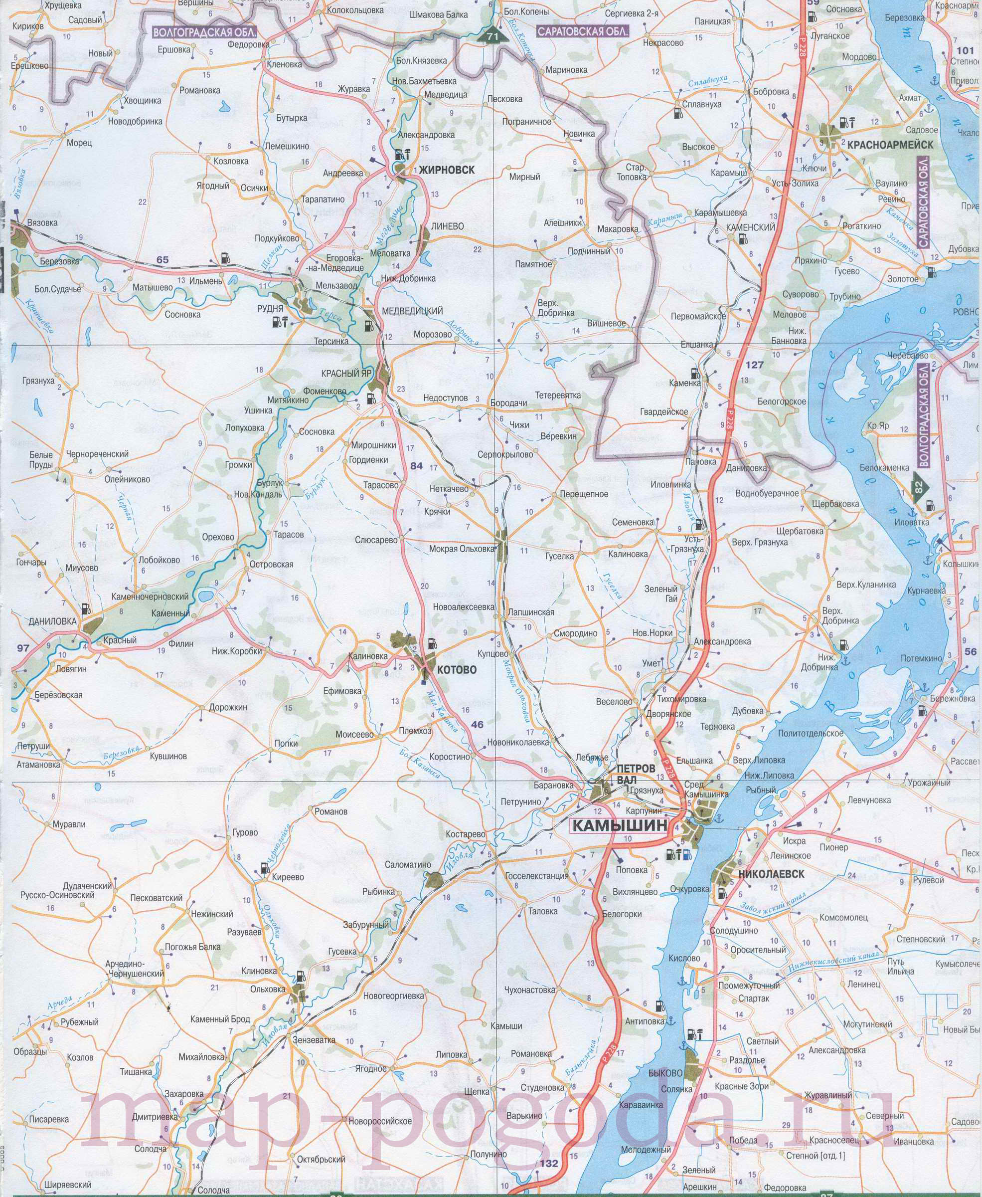Карта Волгоградской области. Карта автомобильных дорог севера Волгоградской области масштаба 1см:7км, B0 - 