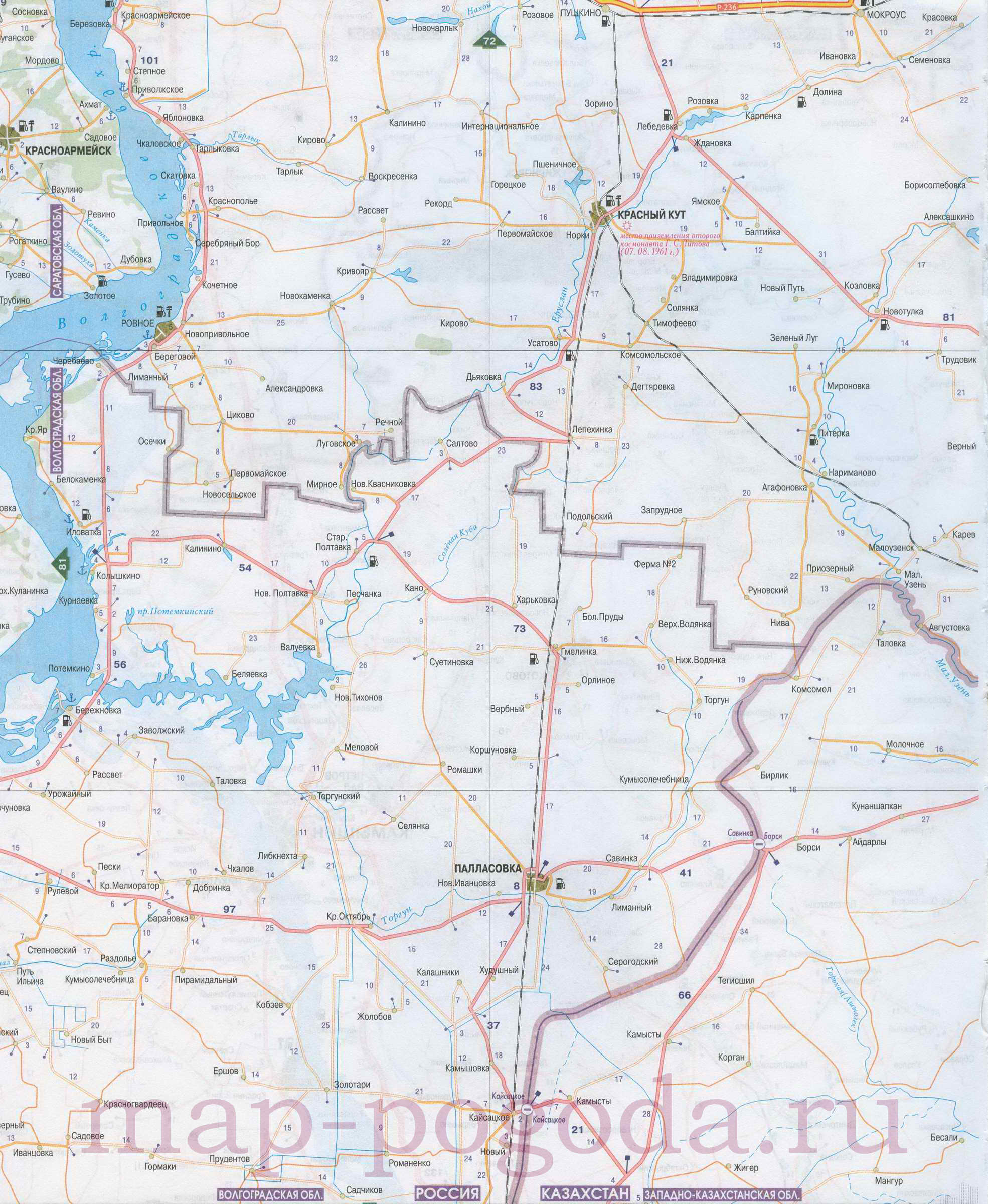 Карта Волгоградской области. Карта автомобильных дорог севера Волгоградской области масштаба 1см:7км, C0 - 