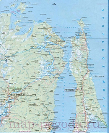 Подробная карта севера Сахалинской области. Карта дорог - Сахалинскаяобласть, север острова Сахалин