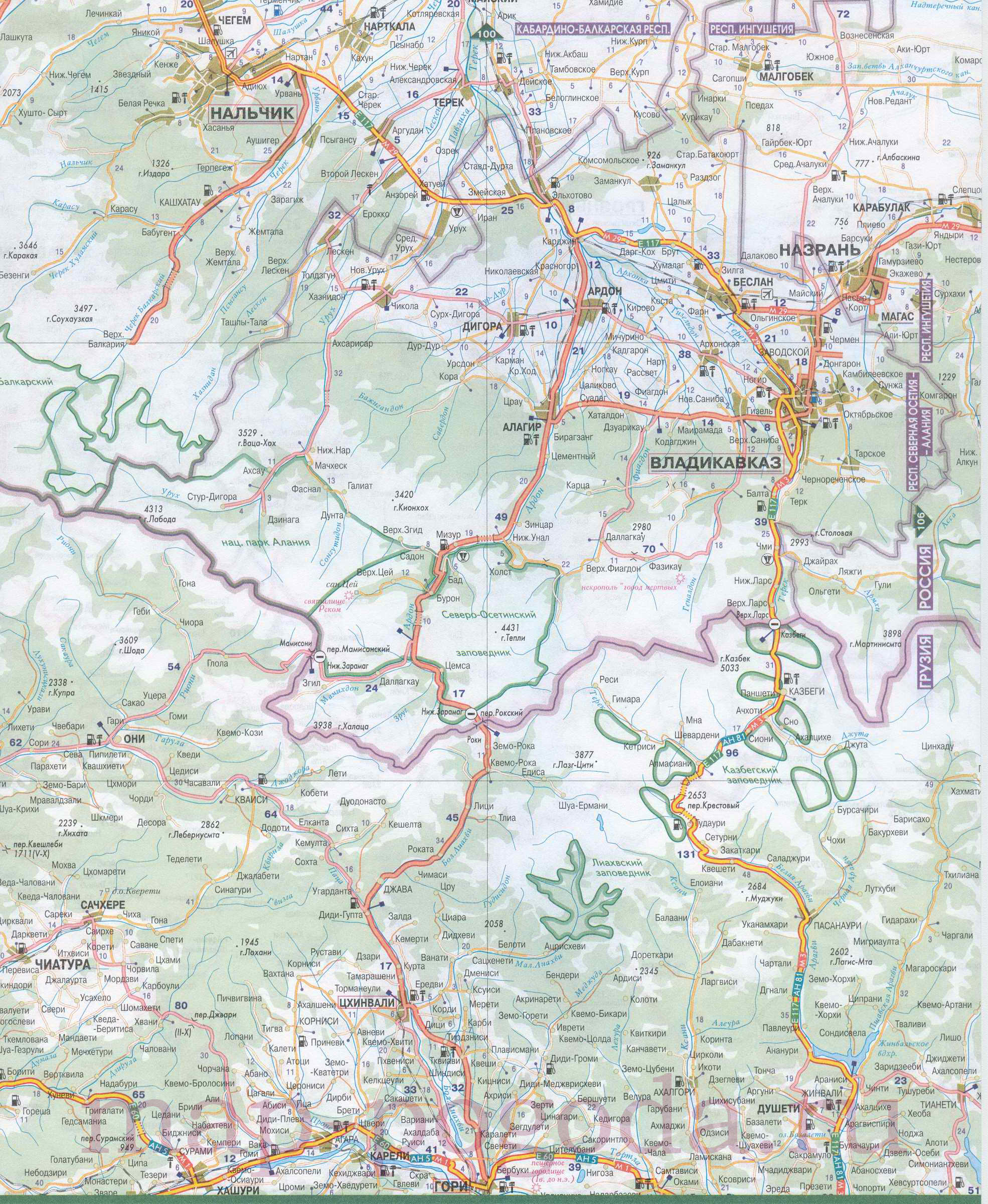 Автомобильная карта Северной Осетии. Подробная карта автодорог республики Северная Осетия Алания, A0 - 